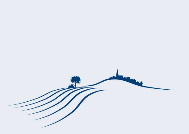 rural middle european vector landscape with fields and village vector art illustration