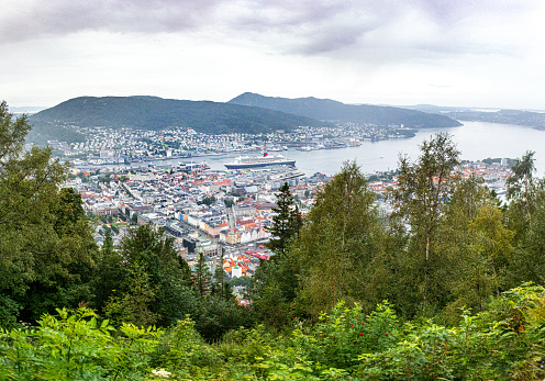 Panoramic view over the picturesque  Norwegian town and port of Bergen on the way down from Mount Floyen