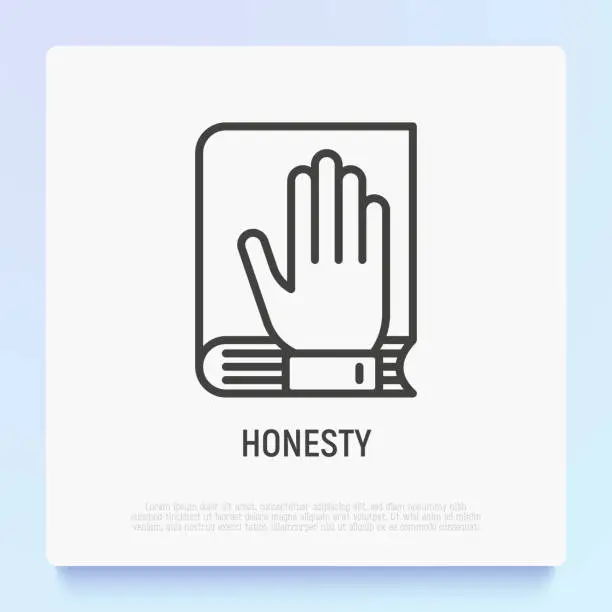 Vector illustration of Honesty thin line icon. Oath: hand on bible or lawbook. Modern vector illustration.