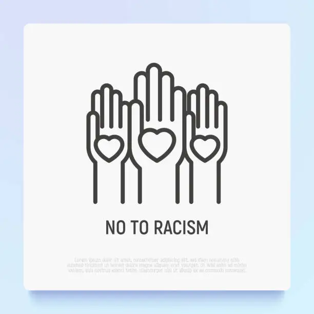 Vector illustration of No to racism thin line icon: hands with hearts on their palms. Modern vector illustration of tolerance, social equality.