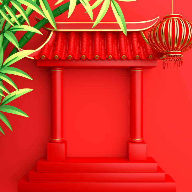 istock Green bamboo, traditional Chinese gate and lanterns lampion. 1172739861