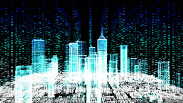 istock 3D skyscraper building simulation HUD digital Screen display smart financial business city analyze dashboard background. Smart technology IOT of sci-fi future startup city. 1172742076