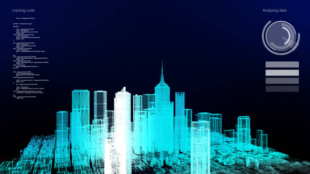 istock 3D skyscraper building simulation HUD digital Screen display smart financial business city analyze dashboard background. Smart technology IOT of sci-fi future startup city. 1172742203