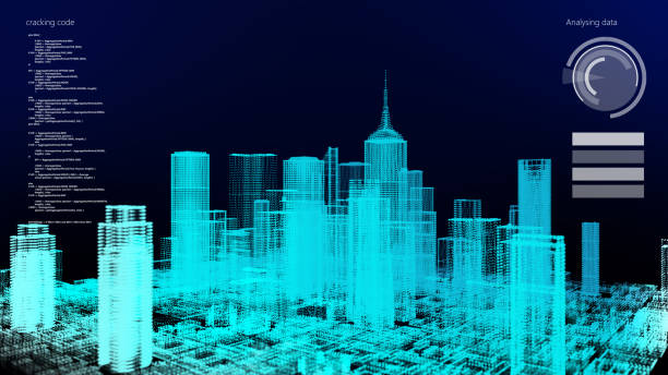 istock 3D skyscraper building simulation HUD digital Screen display smart financial business city analyze dashboard background. Smart technology IOT of sci-fi future startup city. 1172742218