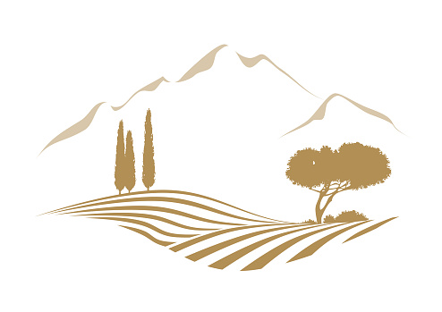 rural mediterranean vector landscape illustration with cypress trees, pine, hills, plowed fields and the mountains in the background