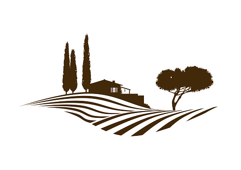rural mediterranean vector landscape illustration with cypress trees, cottage, hills, plowed fields and pine