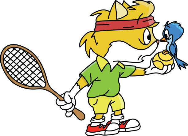żółty kot z kreskówki trzymający piłkę tenisową w dłoniach ilustracja wektorowa - amateur tennis stock illustrations