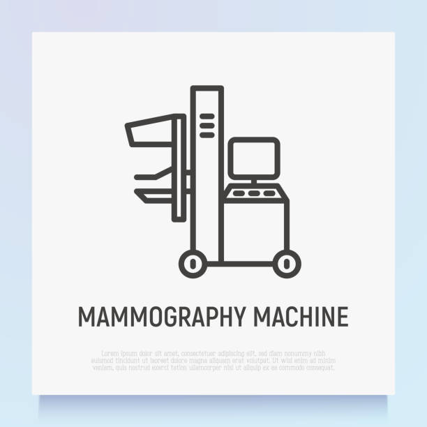 illustrazioni stock, clip art, cartoni animati e icone di tendenza di icona della linea sottile della macchina mammografica. attrezzature da laboratorio. illustrazione vettoriale moderna. - mammogram