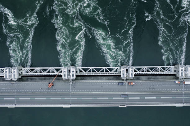 Storm Surge Dam Venting Water During High Tide