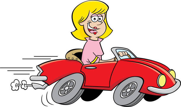 스포츠카를 운전하는 만화 여성. - car driving women driver stock illustrations