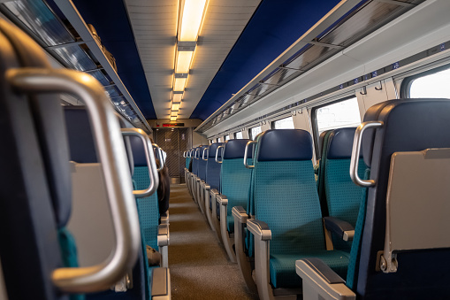 Perspective view of seats in a modern train, nobody