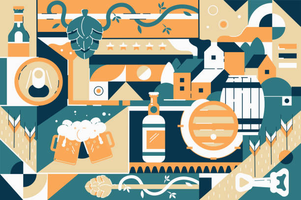 ilustrações de stock, clip art, desenhos animados e ícones de brewery background of beer, hop and german village. - german cuisine illustrations