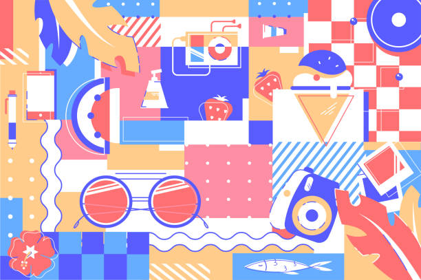istock Beach items background of glasses, ice cream and fruits. 1172750370
