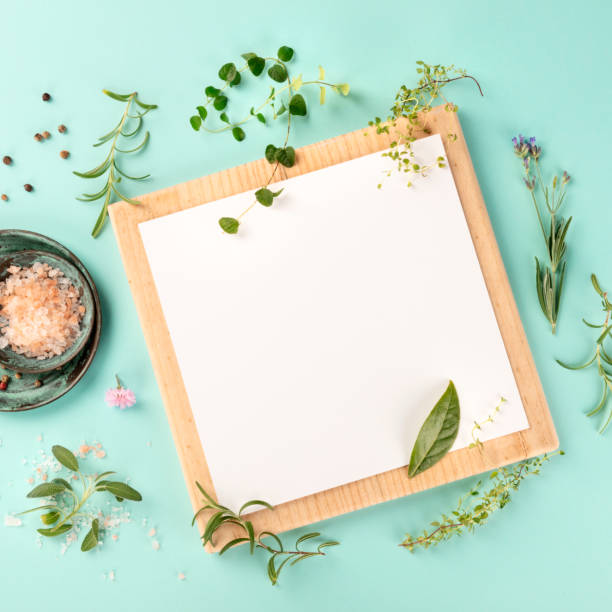 요리 디자인 템플릿. 허브, 소금, 후추와 클립 보드, 텍스트, 사각형 프레임에 대한 장소와 청록색 배경에 위에서 촬영 - herb bouquet garni herbes de provence bouquet 뉴스 사진 이미지