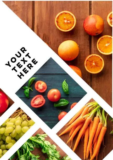 Organic Food Collage design template. Many photos of fresh vegetables, vegan layout for a menu cover, a groceries store advertisement banner, a farmers' market flyer etc