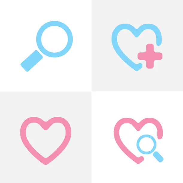 Vector illustration of Set icon symbol health baby pink and light blue heart magnifier cross