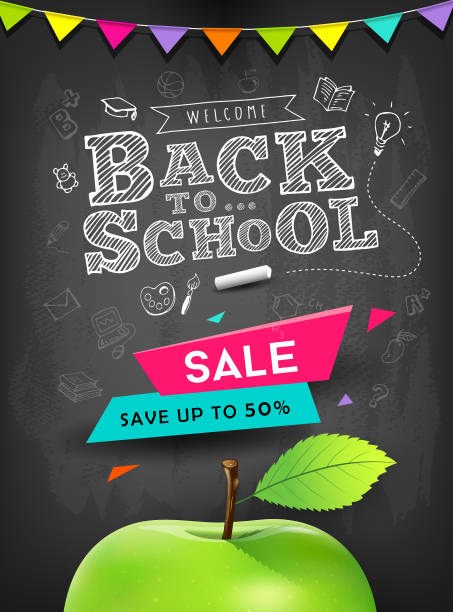 ilustraciones, imágenes clip art, dibujos animados e iconos de stock de diseño del concepto de venta de manzana vectorial de la escuela - backgrounds blackboard education environment