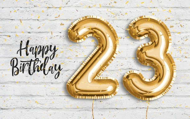 istock Happy 23 th birthday gold foil balloon greeting white wall background. 1172757712