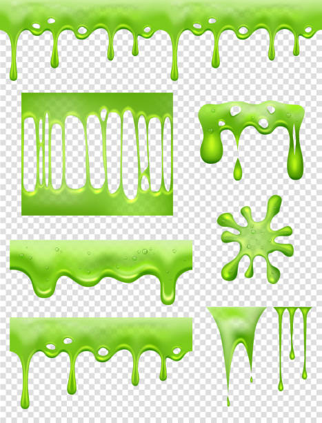 점액. 녹색 접착제 디핑 및 흐르는 액체 방울 과 독성 튀김 벡터 사진 - blob paint slimy splattered stock illustrations