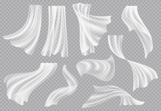 Window curtains. Flowing blank fabric with folds interior clothing soft silk fluttering decoration material vector realistic template Window curtains. Flowing blank fabric with folds interior clothing soft silk fluttering decoration material vector realistic template. Soft textile fabric, interior of silk smooth illustration translucent stock illustrations