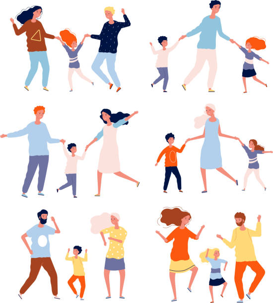 Dancing family. Kids playing and dancing with parents mother father children dancers vector characters collection Dancing family. Kids playing and dancing with parents mother father children dancers vector characters collection. Illustration parents with kid happiness dance daughter stock illustrations