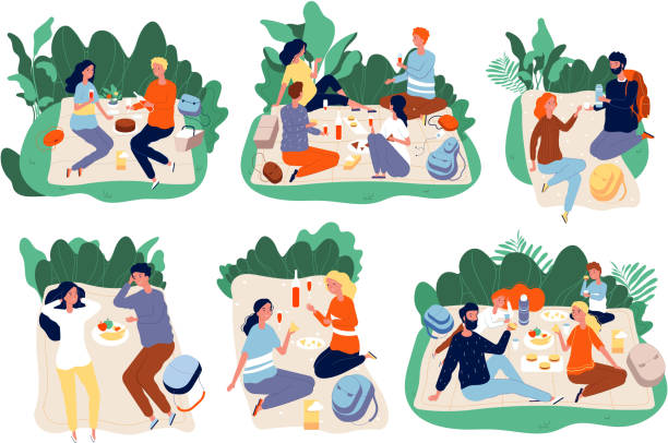 Picnic people. Outdoor family happy group together eating dinner in green summer park vector picnic characters Picnic people. Outdoor family happy group together eating dinner in green summer park vector picnic characters. Illustration picnic meal, woman and man together in park picnic stock illustrations