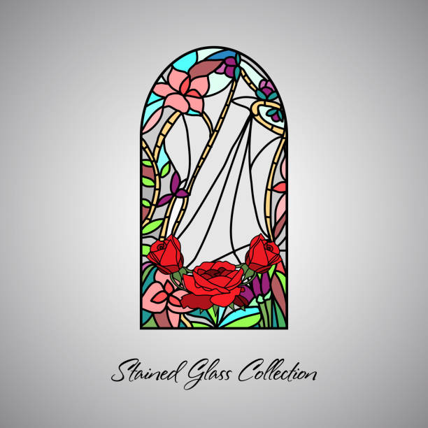 Floral bright stained glass decorative pattern colored mosaic Floral bright stained glass decorative pattern colored mosaic window temple decor stock illustrations