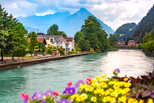 Aare river in Old City of Interlaken, important tourist center in the Bernese Highlands, Switzerland.