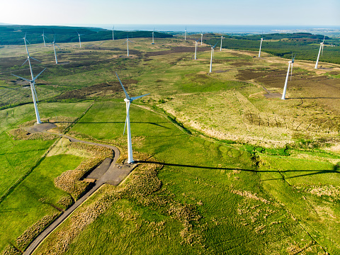 Aerial view of wind turbines generating power, located in famous Connemara region, County Galway, Ireland