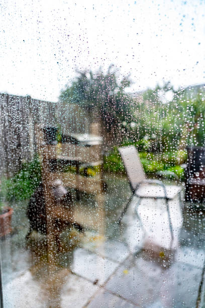 istock Back garden viewed through a patio door on a rainy day 1172768448