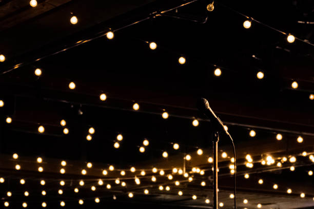 istock microphone and stand with fairy lights in background 1172773035