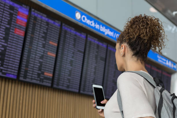 istock Woman traveler at flight information 1172773453