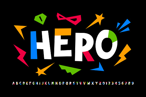 Super hero style font design, comics alphabet, letters and numbers, vector illustration