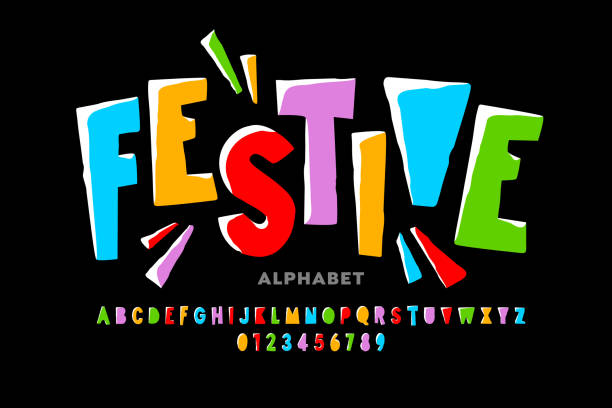 Bright festive style font Bright festive style font design, alphabet letters and numbers, vector illustration playful font stock illustrations