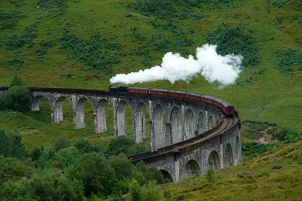 the Glenfinnan Viaduct in Scotland with the Jacobite steam train driving over it, in green overgrown ambiance