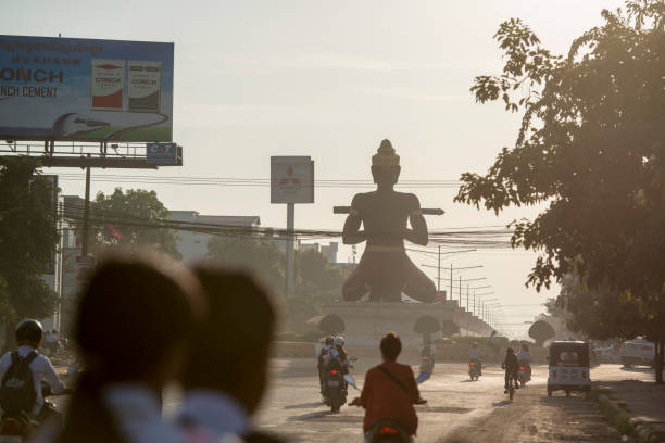 the statue of King Dambong at the Ta Dambong Square in the city Battambang in Cambodia.  Cambodia, Battambang, November, 2018