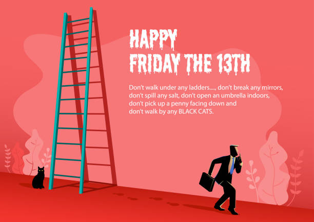 Happy Friday the 13th vector illustration Illustration of Happy superstition, Friday with a businessman walking passed under the ladder and black cat behind friday the 13th stock illustrations