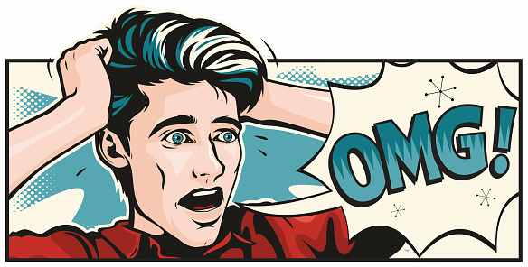 Retro pop art illustration of a wide-eyed terrified young man.