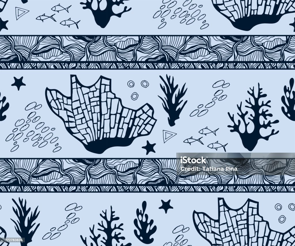 Pattern Inside Water Drawing Hand Drawn Underwater Natural Ocean And Ornamental Elements Seamless ...