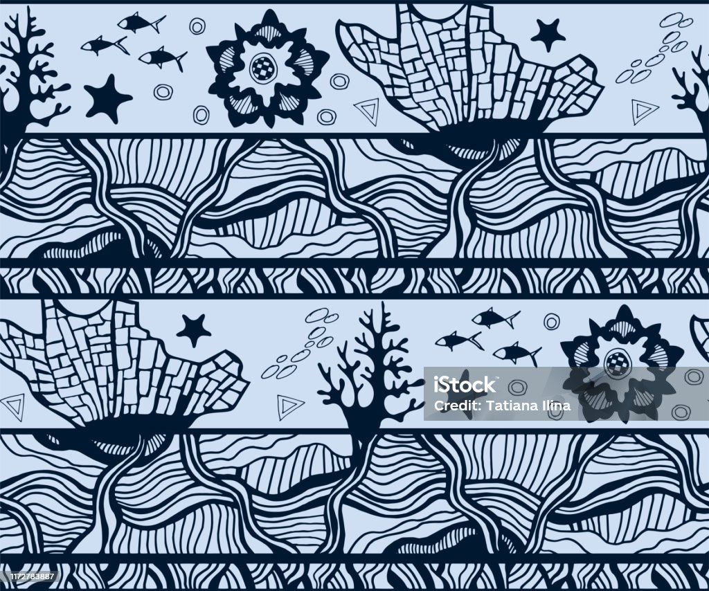 Pattern Inside Water Drawing Hand Drawn Underwater Natural Ocean And Ornamental Elements Seamless ...