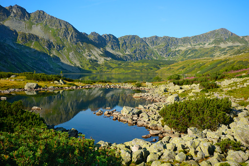 Five Lakes Valley in Polish Tatra Mountains, early morning in sunny day