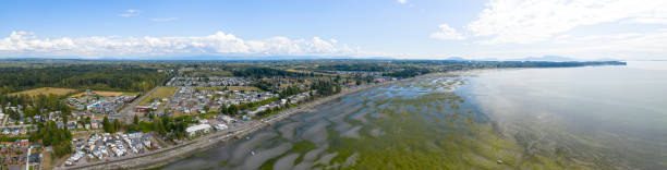 Birch Bay WA USA Beachfront Town Drone Aerial Panoramic View Birch Bay WA USA Beachfront Town Drone Aerial Panoramic View blaine washington stock pictures, royalty-free photos & images