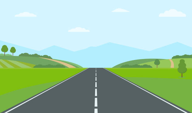 Straight empty road through the countryside. Green hills, blue sky, meadow and mountains. Straight empty road through the countryside. Green hills, blue sky, meadow and mountains. Summer landscape vector illustration. road illustrations stock illustrations