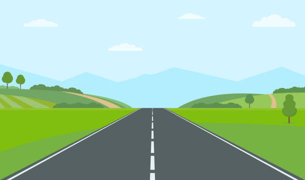 Straight empty road through the countryside. Green hills, blue sky, meadow and mountains. Straight empty road through the countryside. Green hills, blue sky, meadow and mountains. Summer landscape vector illustration. Glade stock illustrations