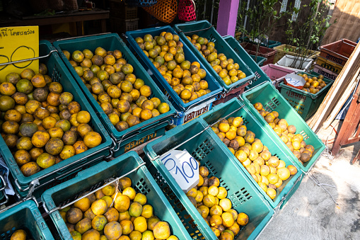 Bangkok, Thailand - December 28, 2018: View of the shop selling Bang Mot tangerine in Soi 36 Phuttha Bucha road, Bangkok, Thailand.