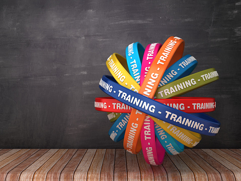 Circular Ribbons with TRAINING Word on Chalkboard Background - 3D Rendering
