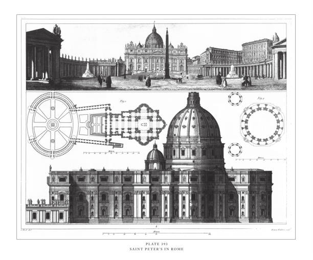 Saint Peter's in Rome Engraving Antique Illustration, Published 1851. Source: Original edition from my own archives. Copyright has expired on this artwork. Digitally restored.