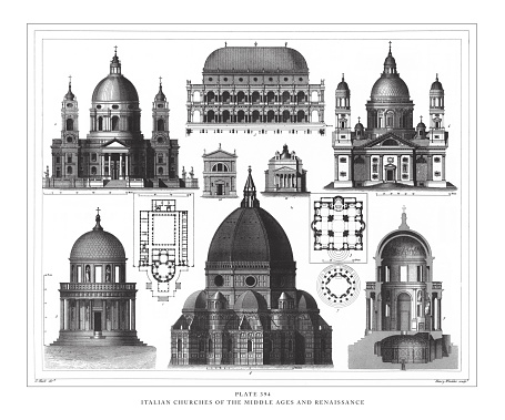 Italian Churches of the Middle Ages and Renaissance Engraving Antique Illustration, Published 1851. Source: Original edition from my own archives. Copyright has expired on this artwork. Digitally restored.
