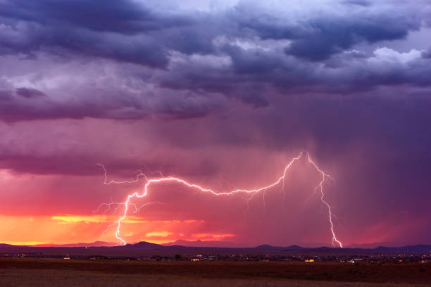 istock Lightning bolt strike from a storm at sunset 1172798117