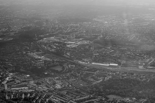 Aerial view of the city of Koeln, Germany in black and white